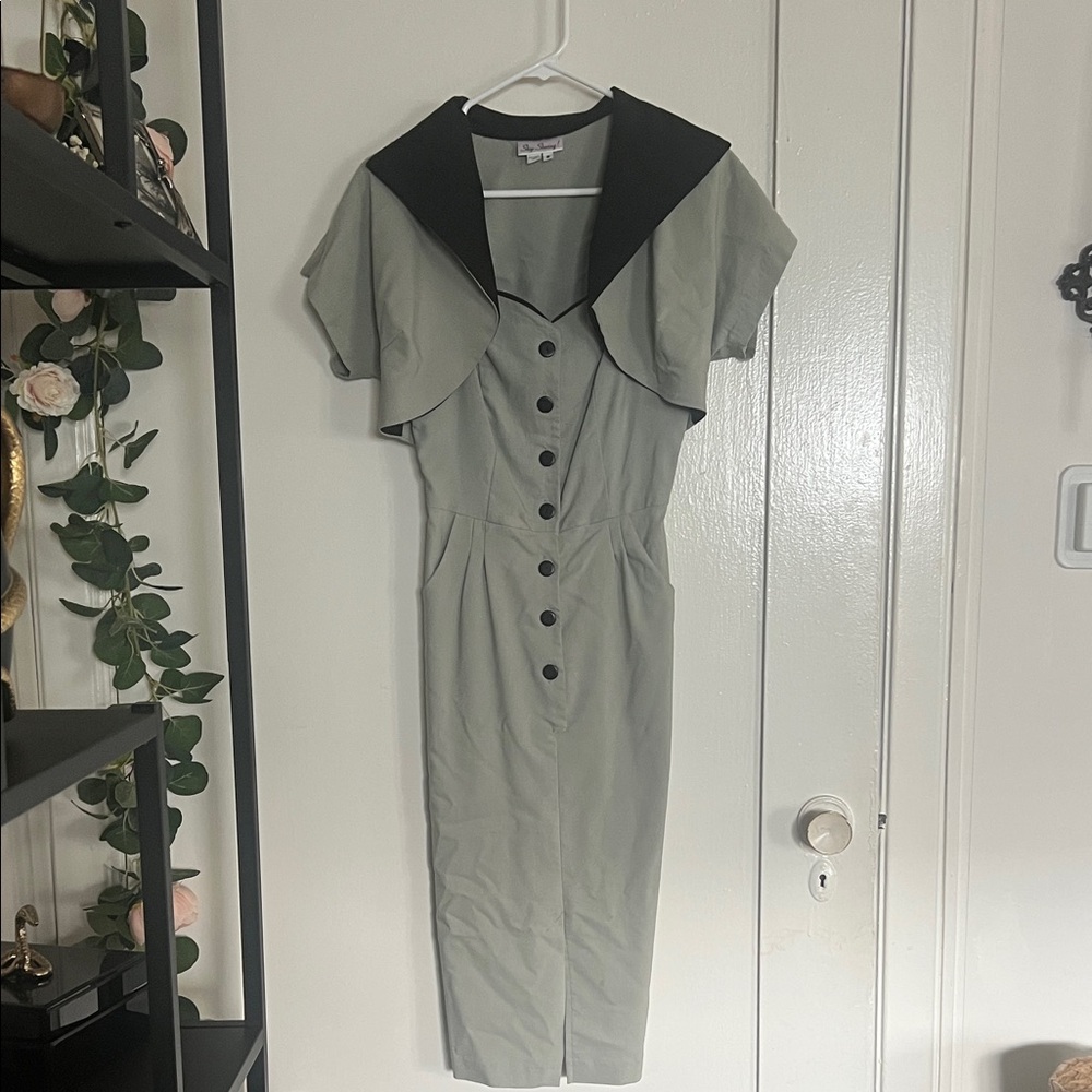 Stop Staring Sage Green Midi Dress with Black Collar